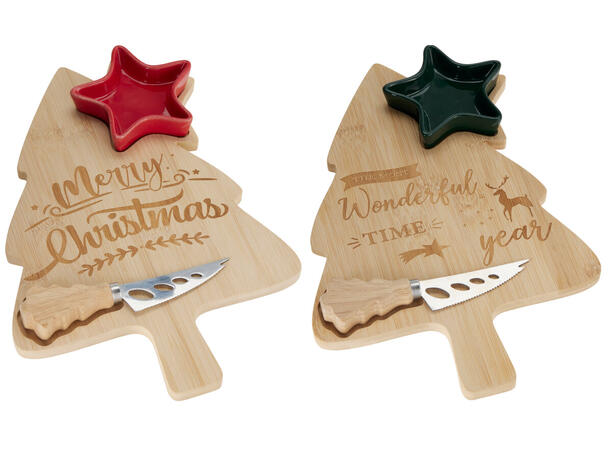 Ostefat juletre brett skål og kniv 2ass Brett: 30x20cm Kniv: 14,5cm Skål: 9,5cm 