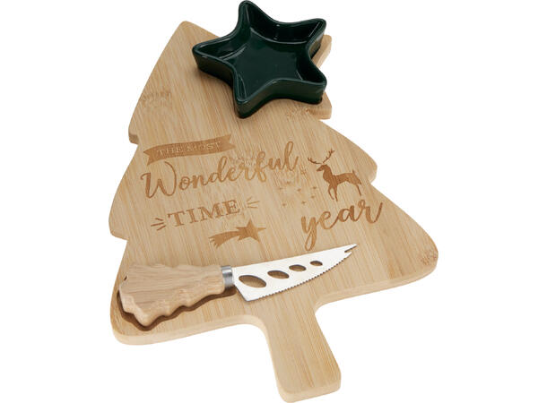 Ostefat juletre brett skål og kniv 2ass Brett: 30x20cm Kniv: 14,5cm Skål: 9,5cm 