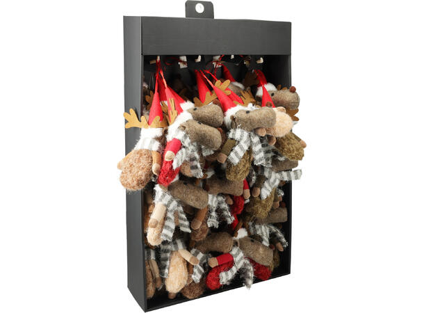 Reinsdyr henge stoffkropp 8x15cm 4ass Display med 36stk  Stoff av polyester 