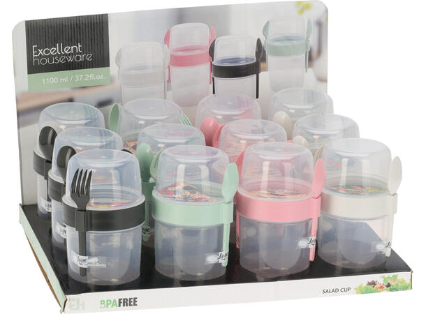 Salatbeger boks 1,1L 18cm m/bestikk 4ass Display 12stk 