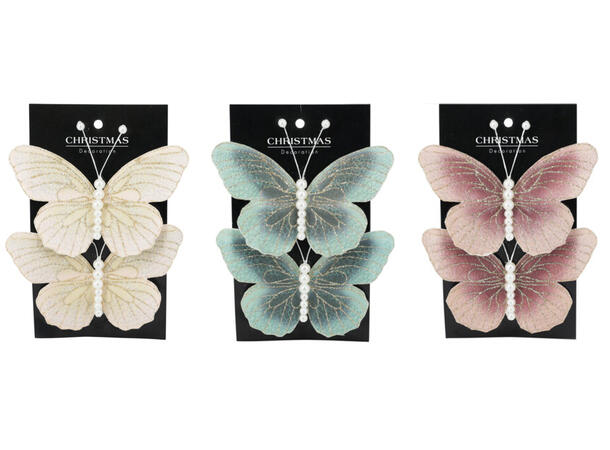 Sommerfugl m/klype 2stk 13x9cm 3ass Krem Brun Grønn 