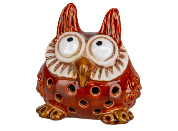 Ugle sittende brun keramikk LED h:11cm Batteri 2xLR44 