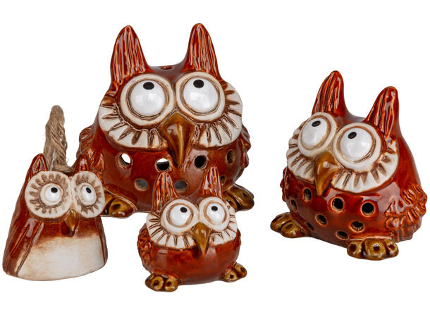 Ugle sittende brun keramikk LED h:11cm Batteri 2xLR44 