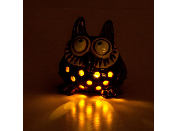 Ugle sittende brun keramikk LED h: 11cm Batteri: 2xLR44 