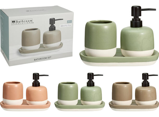 Baderomssett keramikk/PP. 3 deler. 3ass Krus: 9cm Såpe: 9x13, 5cm Fat 21x11cm 