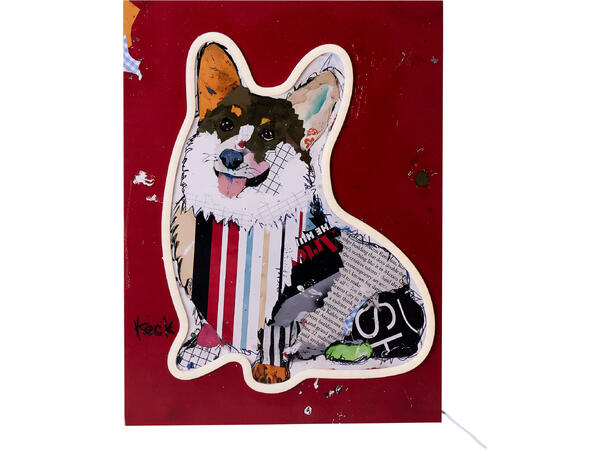 Bilde hund m LED Neonkrone MDF 30x40cm Ledning 180cm m/USB 