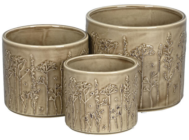 Blomsterpotte brun blomstre keramikk s/3 12,5x11cm 14,5x13cm 18x15cm 
