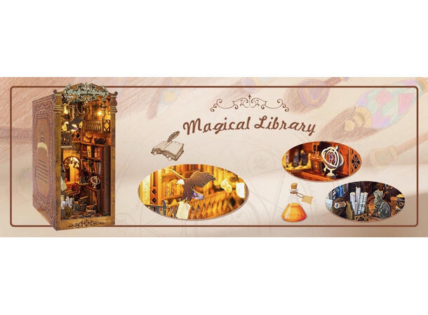 Book Nook Bibliotek 10,3x18x24,5cm MDF, papir, stoff. LED lys, uten batteri 