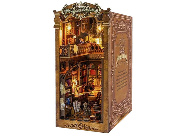 Book Nook Bibliotek 10,3x18x24,5cm MDF papir stoff LED lys uten batteri 