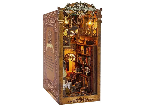 Book Nook Bibliotek 10,3x18x24,5cm MDF papir stoff LED lys uten batteri 