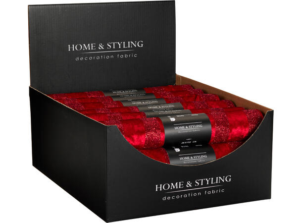 Dekorrull rød m/glitter fløyel 28x150cm Display 21stk Polyester 