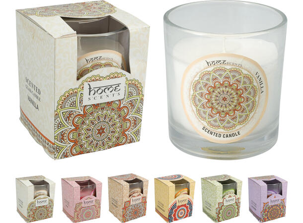 Duftlys glass 74x74x81mm, 6 dufter Display 24stk 