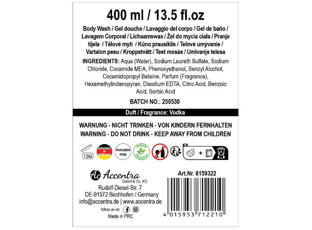 Dusjsåpe 400ml duft av Vodka i Gaveeske Vegansk Uten parabener/SLES 