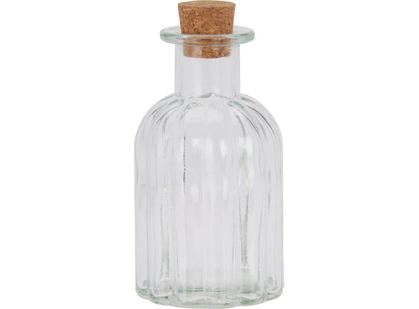 Flaske klart glass m/kork h:11cm 12 stk i display 