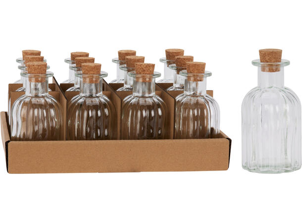 Flaske klart glass m/kork h:11cm Display 12stk 