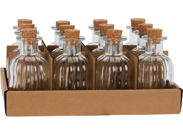 Flaske klart glass m/kork h:11cm Display 12stk 