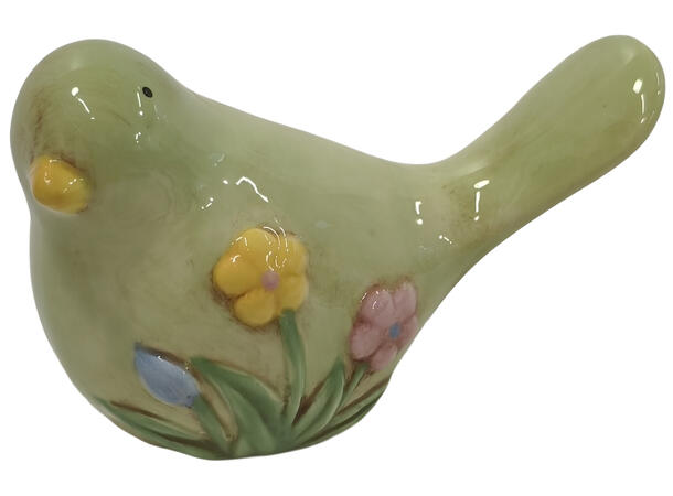 Fugl grønn keramikk m/blomst 15x7x9,5cm Forpk 8stk 