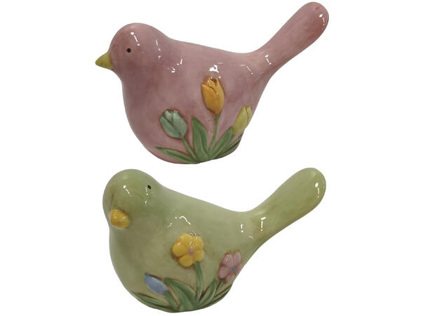 Fugl keramikk rosa grønn m/blomst 2ass Forpk 8stk 15x7x9,5cm 