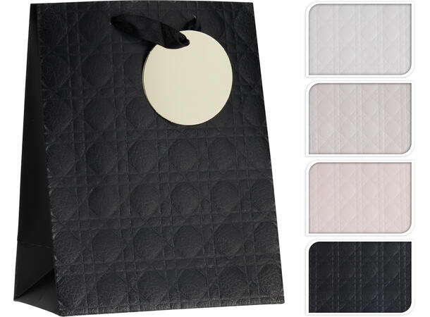 Gavepose 23x18x10cm m/bånd 4ass Forpk 24stk Sort rosa hvit taupe 