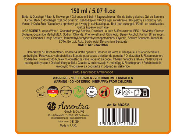Gavesett 150ml Dusjsåpe Brikker Fl.åpner Amberwood Vegansk Uten parabener/SLES 