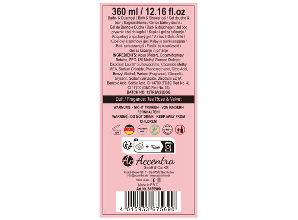 Gavesett m/bade-dusjsåpe 360ml champ.fl. Vegansk Uten parabener/SLES m/roseduft 