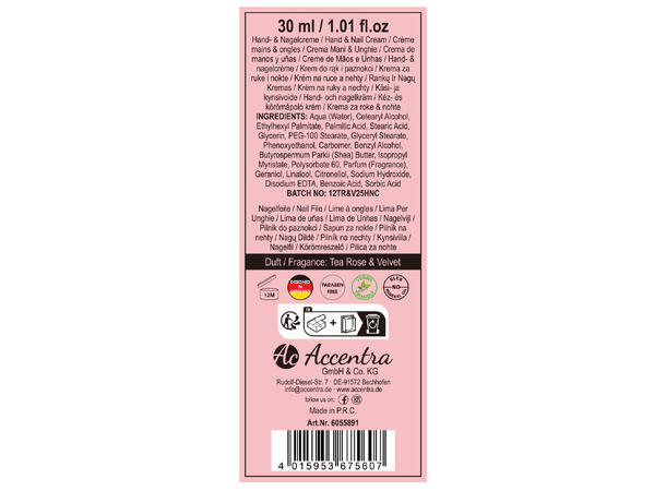 Gavesett roseduft 30ml håndkrem med fil Vegansk Uten mineralolje og parabener 