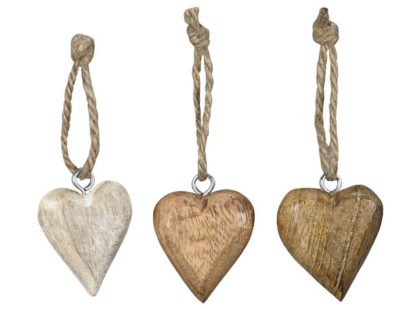 Hjerte henge natur/hvit/brunt mangotre 4cm + 4cm tau 3ass 