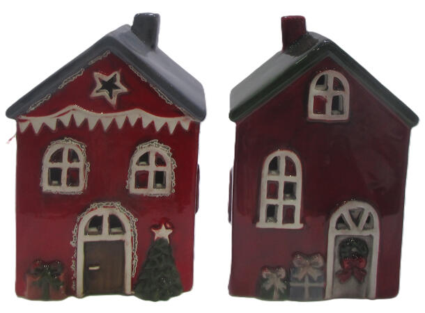 Hus rød telys keramikk 10,7x8x20cm 2ass Til telys og led telys 