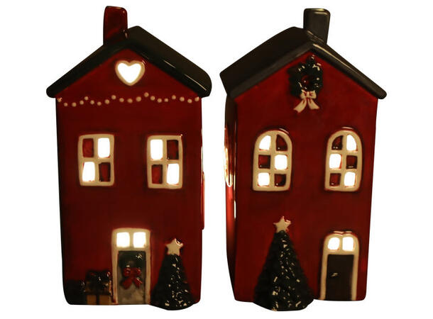 Hus rød telys keramikk 10,7x8x20cm 2ass Til telys og led telys 