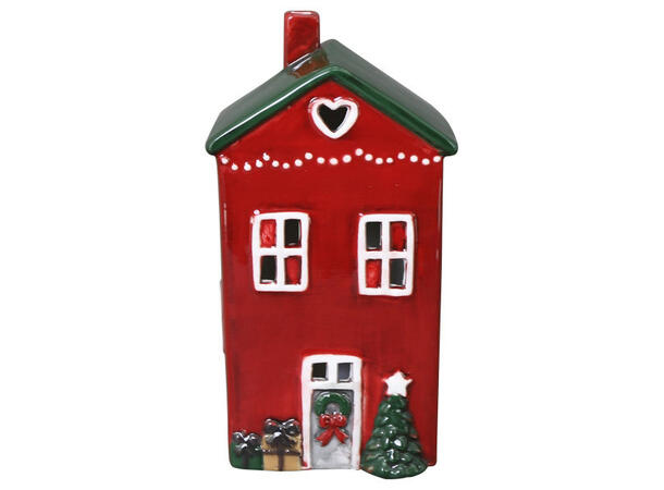 Hus rød telys keramikk 10,7x8x20cm 2ass Til telys og led telys 