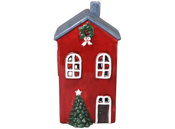 Hus rød telys keramikk 10,7x8x20cm 2ass Til telys og led telys 