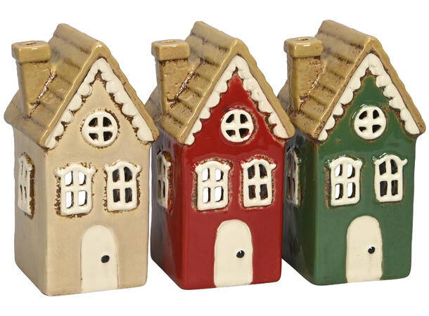 Hus telys keramikk 7x8x15cm 3ass Beige Rød Grønn 