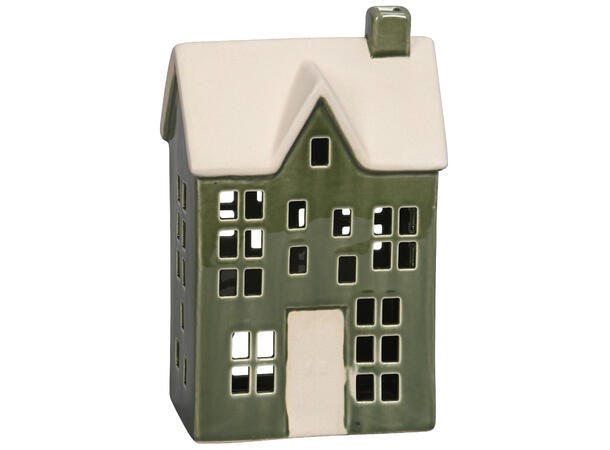 Hus telys keramikk grønn m/hvit h:21,5cm 13,5x9x21,5cm 
