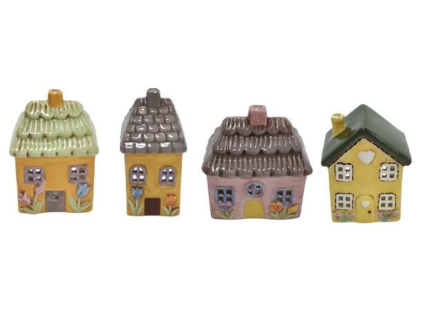 Hus til telys blomstret 8x6,7x10cm 4ass Keramikk 