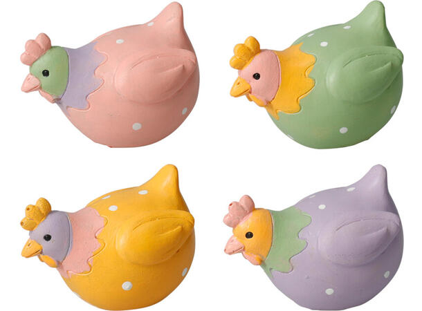 Høne påske polyresin 7,5x5x5,5cm 4 ass Vekt:60g 