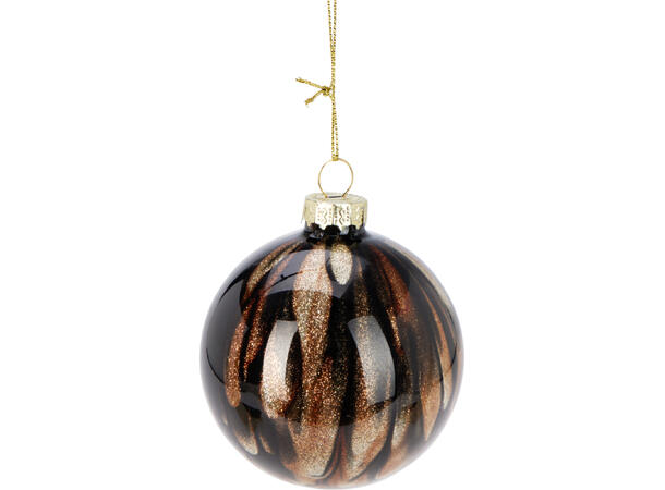 Julekule brun/sort/gull glass 8cm Display 12stk Gull topp/snor 