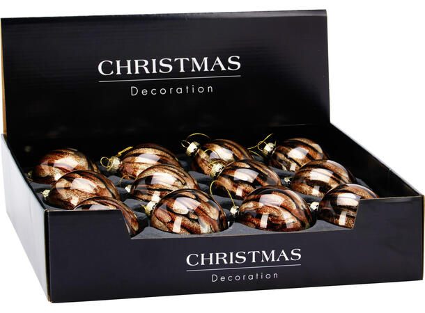 Julekule brun/sort/gull glass 8cm Display 12stk Gull topp/snor 