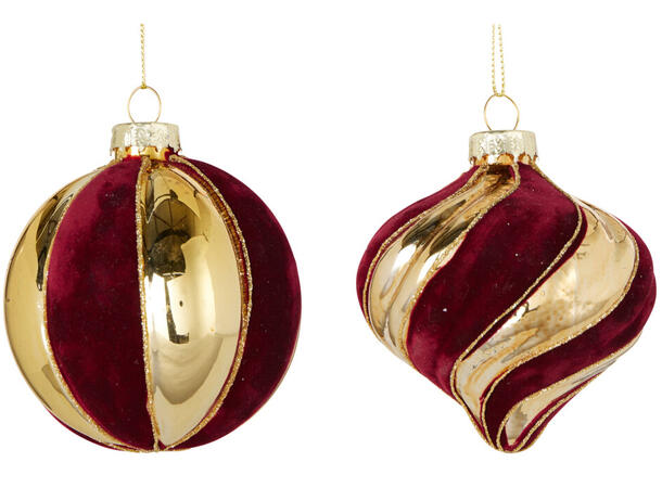 Julekule glass gull m/burgunder 8cm 2ass Display 12stk 