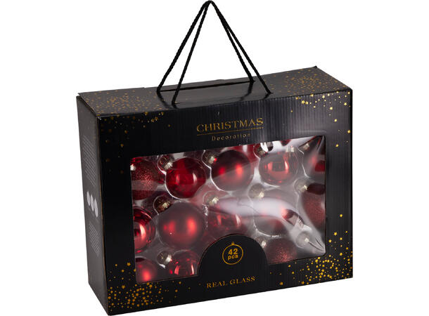 Julekule glass mix rød finish 42stk 50-65mm. I gaveeske 