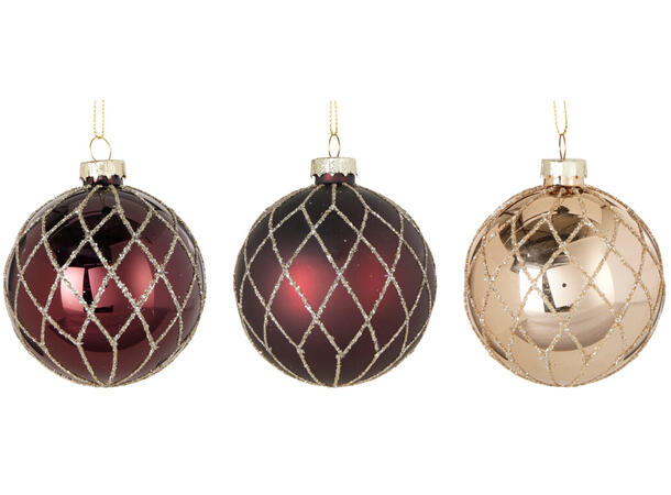 Julekule glass rutet glitter 8cm 3ass Display 12stk 