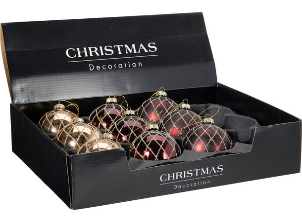 Julekule glass rutet glitter 8cm 3ass Display 12stk 