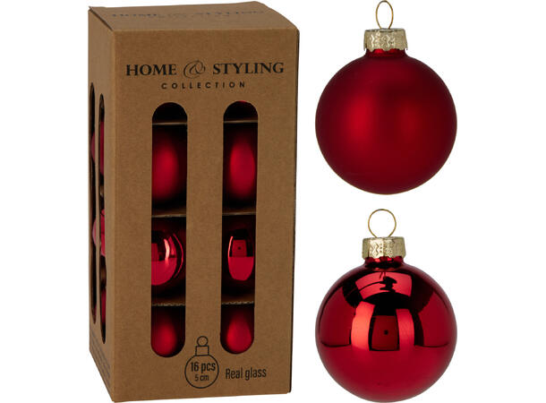 Julekule glass rød 5cm 16stk 8 matt + 8 blank i krafteske 
