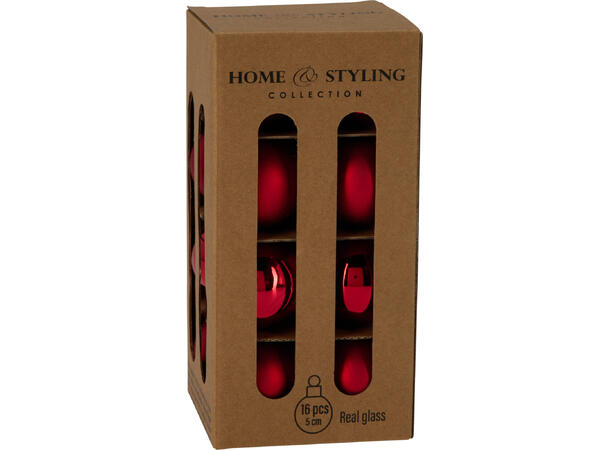 Julekule glass rød 5cm 16stk 8 matt + 8 blank i krafteske 