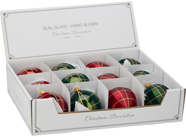 Julekule munnblåst rød/grønn 8cm 4ass Display 12stk. Håndlaget i Ukraina 