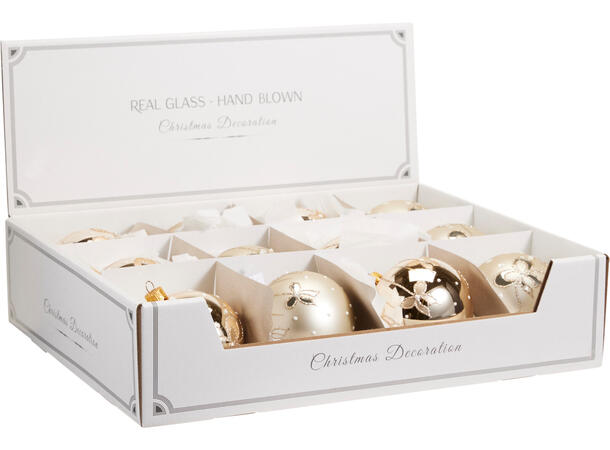 Julekule munnblåst sløyfe gull 8cm 2ass Display 12stk. Håndlaget i Ukraina 