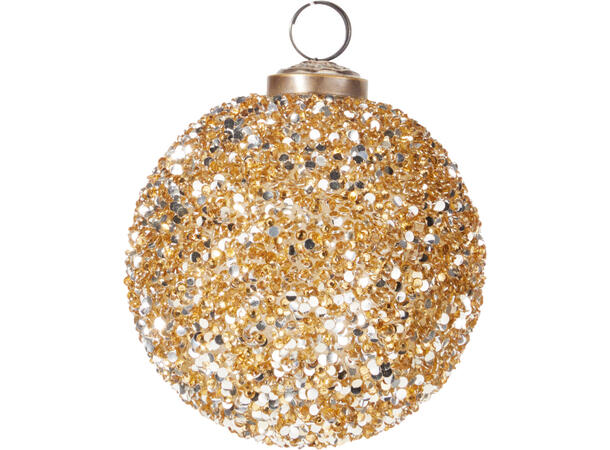 Julekule ornament m/perler gull 10cm Display 12stk 