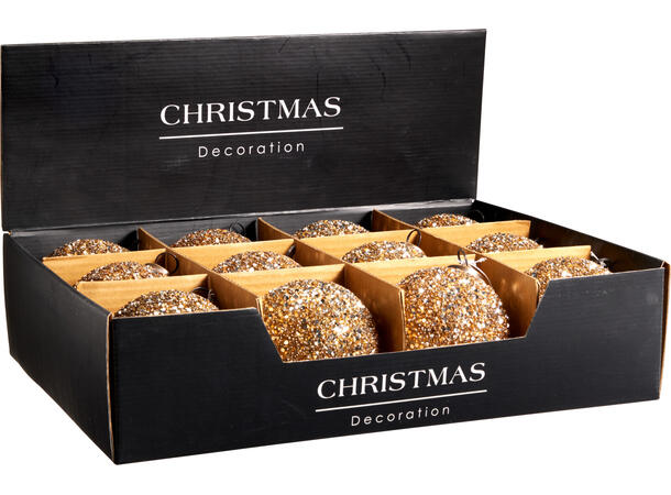 Julekule ornament m/perler gull 10cm Display 12stk 