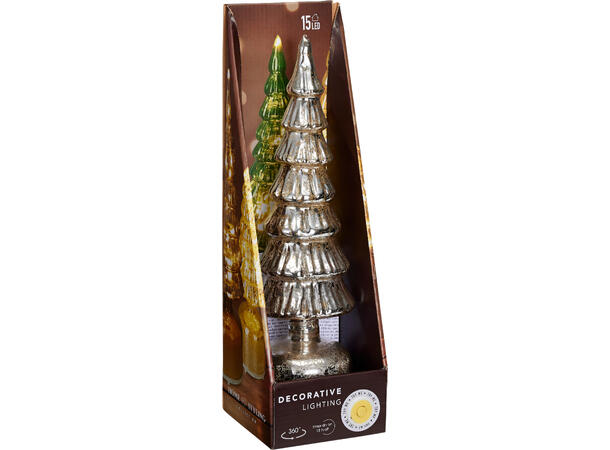 Juletre LED bev.lys glass sølv 36cm 2ass Forpk 6stk Batt 3xAAA Timer 6/18t 