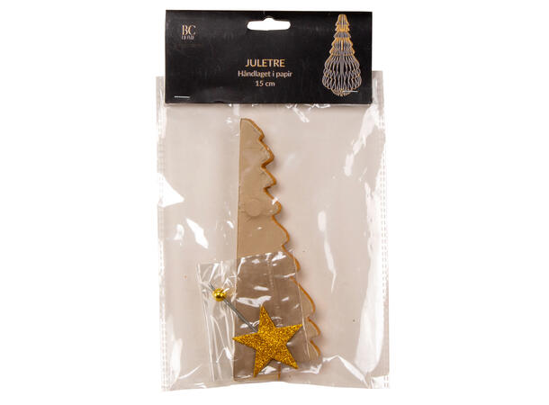 Juletre papir greige m/gull/stjerne 15cm 