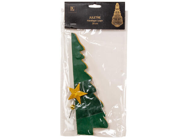 Juletre papir grønn m/gull/stjerne 20cm 